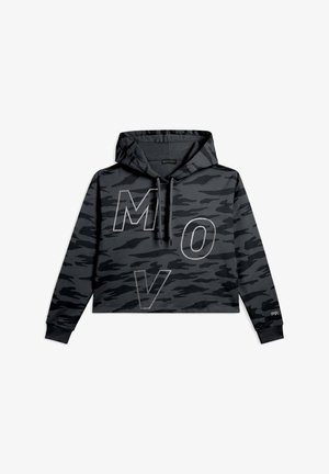 Felpa cropped mimetica nera e grigia scura con lacci e grandi lettere contornate "M," "O," e "V" sul davanti.