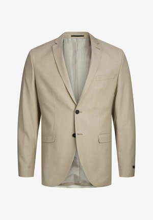Beige blazer with a notch lapel, two front pockets, single button closure, and contrasting black buttons. Lined interior with no pattern.