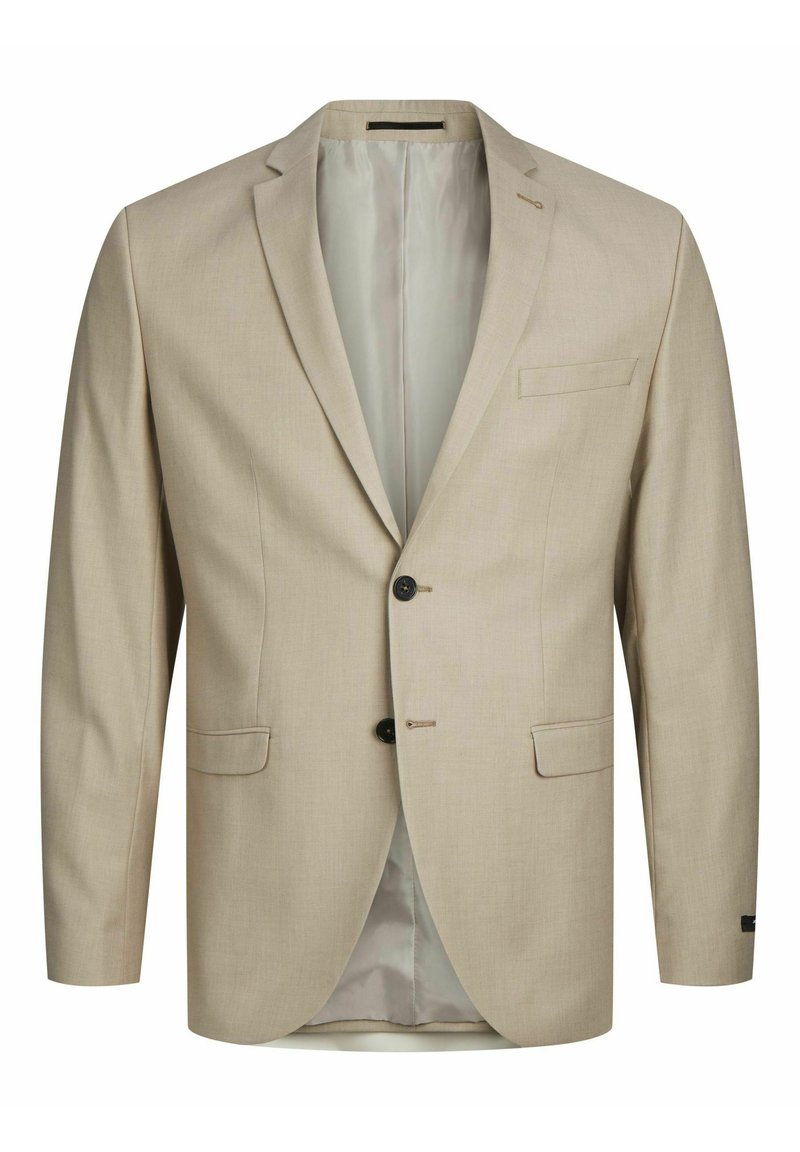 Beige Blazer mit Reverskragen, zwei Fronttaschen, einreihiger Knopfverschluss und kontrastierenden schwarzen Knöpfen. Futter ohne Muster.