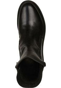 Botín de cuero negro hasta el tobillo con un acabado suave, paneles laterales elásticos y punta redonda. Incluye un borde cosido y acentos texturizados.