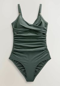Maillot de bain une pièce vert foncé avec un design froncé, des bretelles réglables et de subtils accents dorés. Tissu lisse et extensible.