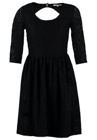 Schwarzes Spitzenkleid mit Dreiviertelärmeln, rundem Ausschnitt und offenem Rücken. Verfügt über ein tailliertes Oberteil und einen weit schwingenden Rock.