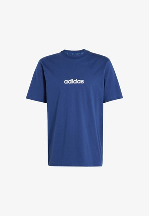 Tummansininen puuvillainen t-paita lyhyillä hihoilla ja pyöreällä kauluksella, jossa on valkoinen "adidas" logo rinnan kohdalla. Sujuva pinta, normaalikokoinen.