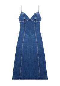 Kortsleeve denimklänning med figurnära passform, tunna axelband, triangulära bystkoppar, vertikala sömmar och en utsvängd kjol på vit bakgrund.