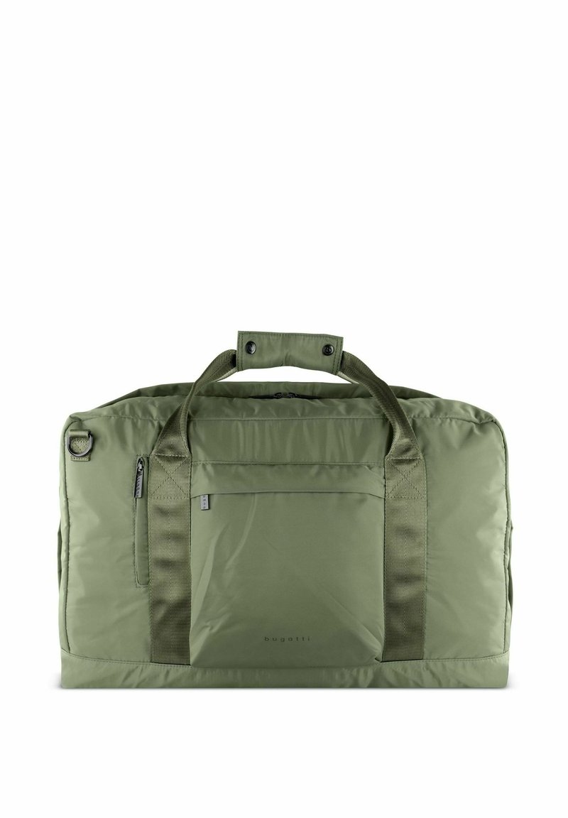 Groene nylon reistas met dubbele bovenhandvatten, een voorvak met ritssluiting en een gladde textuur; heeft minimale merkopdruk en een rechthoekige vorm.