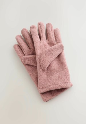Des gants en laine rose avec une finition texturée, comportant cinq doigts et un ajustement serré, disposés à plat sur un fond clair.