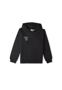 Sweatshirt à capuche noire en tissu doux. Présente un graphique sur le devant avec l'inscription "Women of the Wave" en blanc, avec une coupe décontractée et des poignets côtelés.