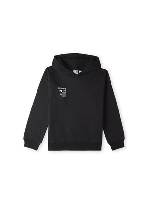 Sweatshirt à capuche noire en tissu doux. Présente un graphique sur le devant avec l'inscription "Women of the Wave" en blanc, avec une coupe décontractée et des poignets côtelés.