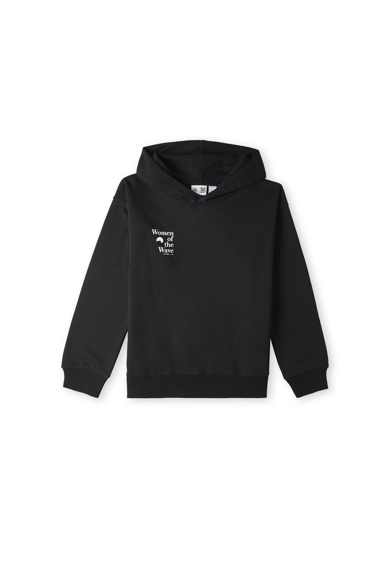 Sweatshirt à capuche noire en tissu doux. Présente un graphique sur le devant avec l'inscription "Women of the Wave" en blanc, avec une coupe décontractée et des poignets côtelés.