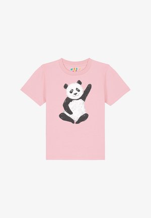 Roze T-shirt met korte mouwen met een zwart-witte panda-illustratie met opgestoken paw, gemaakt van zacht katoen.