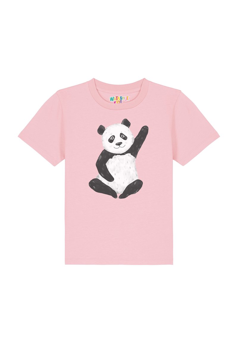 T-shirt rose à manches courtes avec une illustration de panda noir et blanc levant la patte, fabriqué en coton doux.