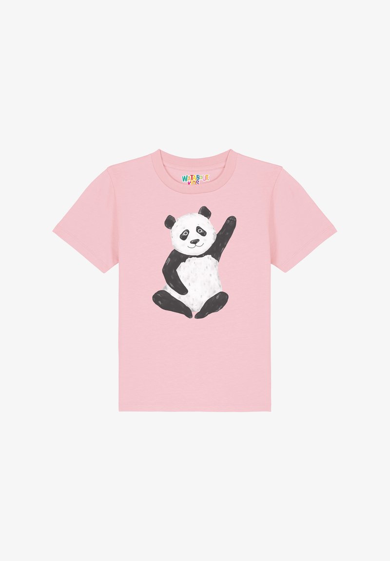 T-shirt rose à manches courtes avec une illustration de panda noir et blanc levant la patte, fabriqué en coton doux.