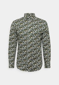 Dlouhý rukáv košile s tmavě zeleným základem, pokrytá květinovým vzorem s bílými a žlutými květy. Košile s límcem na knoflíky.