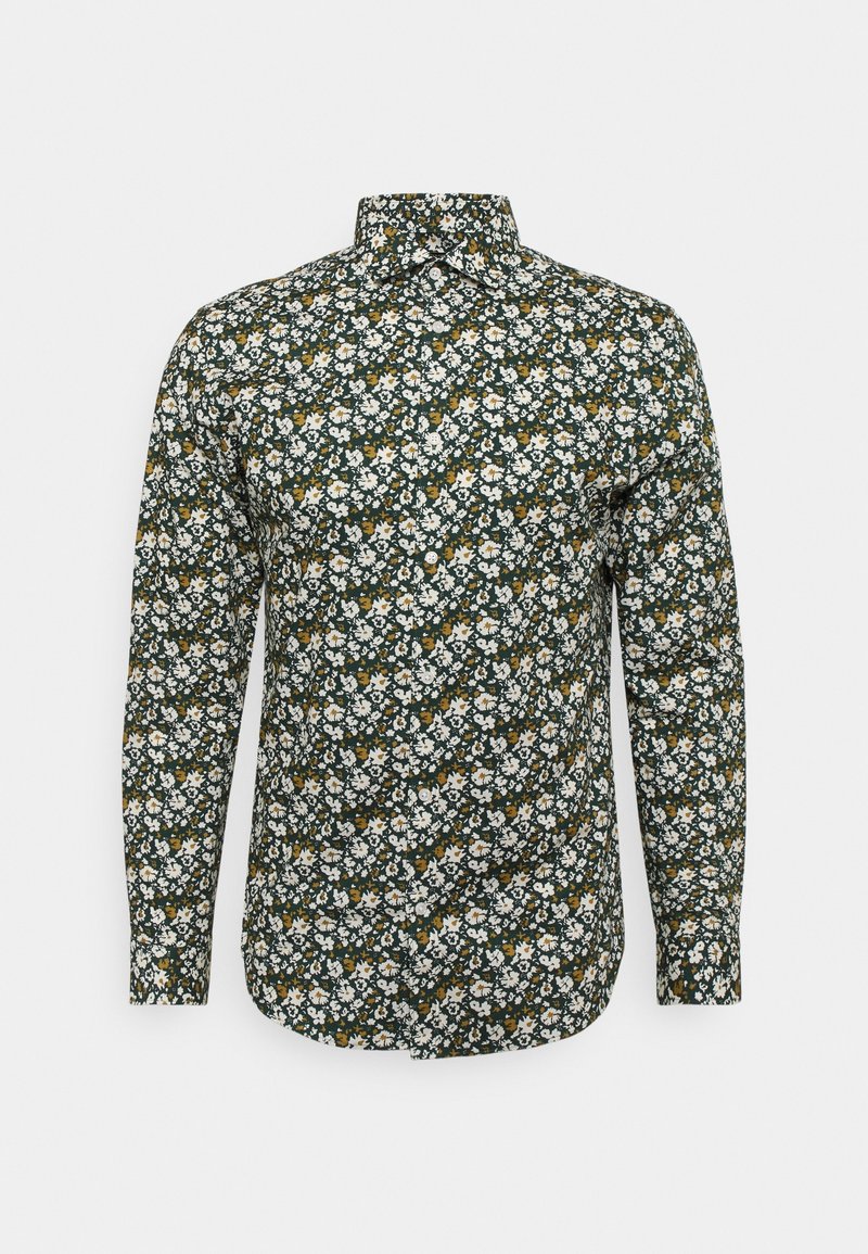 Dlouhý rukáv košile s tmavě zeleným základem, pokrytá květinovým vzorem s bílými a žlutými květy. Košile s límcem na knoflíky.