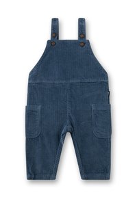 Dunkelblaue Corduroy-Latzhose mit verstellbaren Schulterträgern, zwei Taschen, vertikal gerippter Textur und braunen Knopfakzenten.
