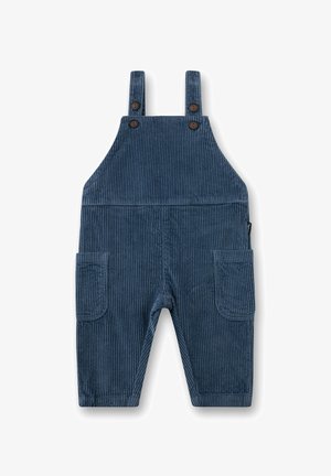 Dunkelblaue Corduroy-Latzhose mit verstellbaren Schulterträgern, zwei Taschen, vertikal gerippter Textur und braunen Knopfakzenten.