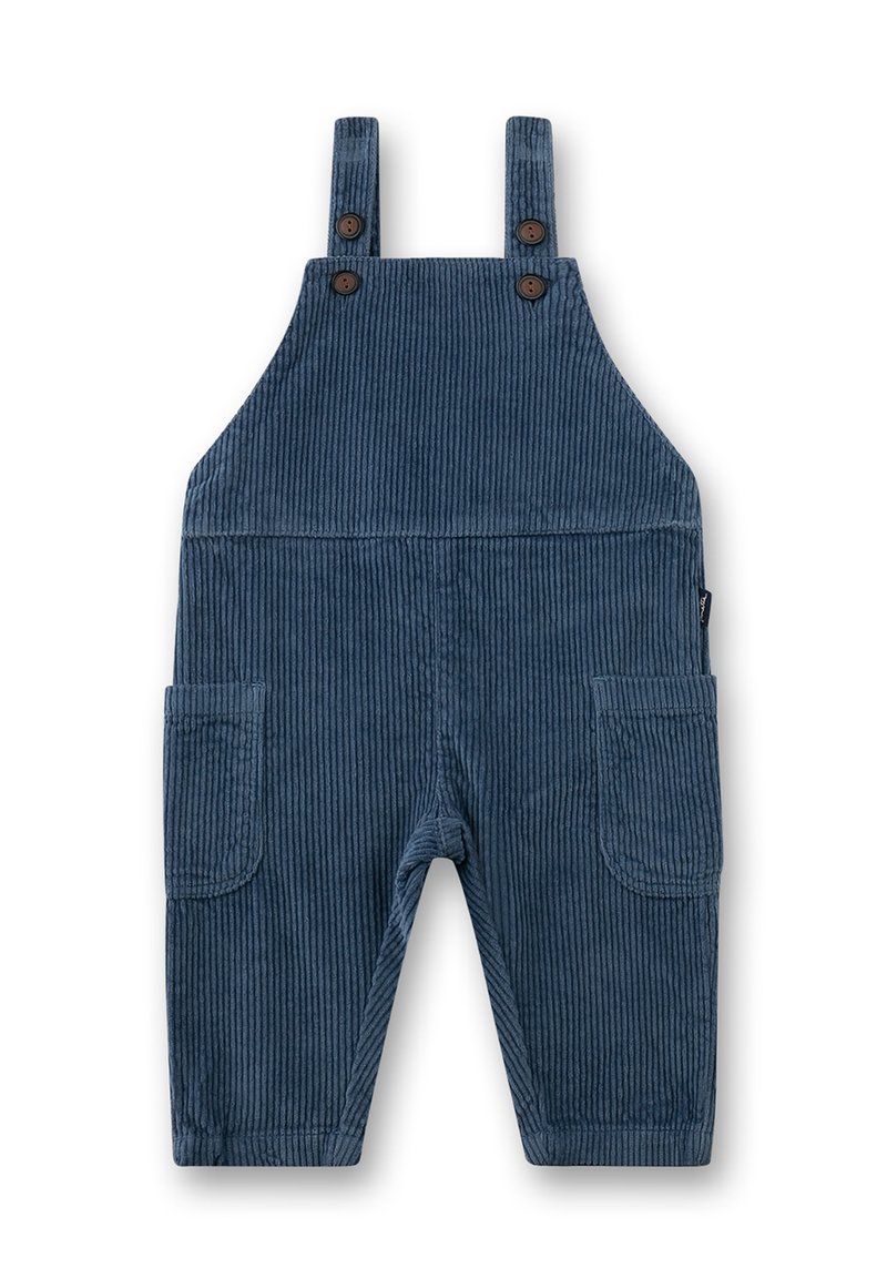 Dunkelblaue Corduroy-Latzhose mit verstellbaren Schulterträgern, zwei Taschen, vertikal gerippter Textur und braunen Knopfakzenten.