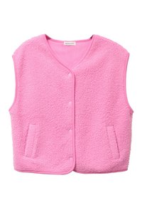 Pink fleece vest with a v-neck, button front, and side pockets. Features a textured surface and smooth edging along the collar and armholes.