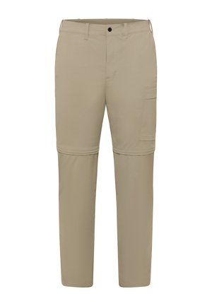 Beige Cargo-Hosen mit geradem Bein, aus leichtem Stoff gefertigt, mit Seitentaschen und einem abzipbaren Abschnitt für Vielseitigkeit.