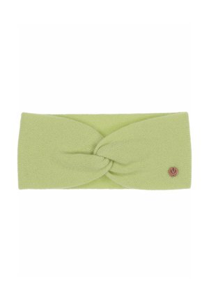 Knit headband in light green with a twisted design at the front and a small rose gold logo accent on the side.