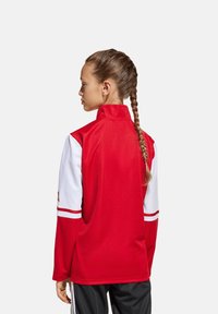 Rote Jacke mit weißen Ärmeln, hohem Kragen und bestickten Streifen. Aus glattem Stoff gefertigt, designed für sportliche Nutzung.