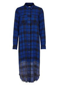 Długa niebieska dzianinowa sukienka w kratę z bawełnianego materiału, z czarnymi wzorami w kratkę, dwiema kieszeniami na piersi, zapięciem na guziki i postrzępionym dołem.