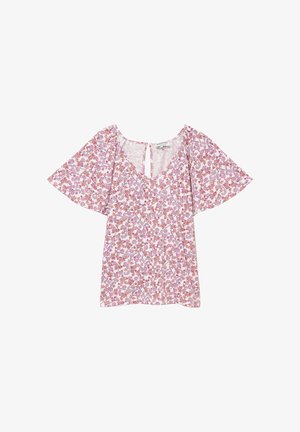 Blusa de manga corta para mujer con estampado floral rosa, escote en V, mangas con vuelo y detalle de lazo en la parte trasera sobre un fondo blanco.
