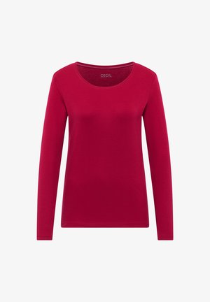 Red long-sleeve t-shirt made of soft cotton. Features a round neckline, smooth texture, and a classic fit without any patterns or accents.