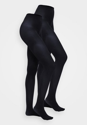 Duas pares de collants opacos pretos com pequenos detalhes de strass espalhados, apresentados contra um fundo branco.