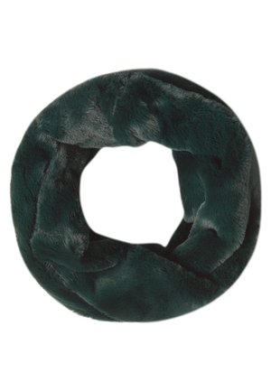 Dark green faux fur infinity scarf with soft, plush texture arranged in a circular loop on a white background.