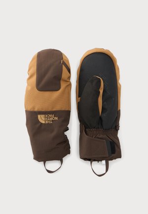 Paire de moufles isolées marron et beige avec poignets élastiques, l'une montrant la paume avec une texture antidérapante et l'autre montrant le dos avec le logo The North Face.