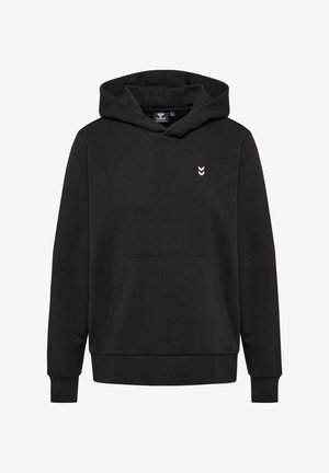 Zwarte hoodie van zachte stof, met een kangoeroezak, ribbelmanchetten en een klein logo met chevronpatronen op de borst.