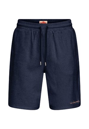 Pantaloncini di cotone blu navy con fascia elastica in vita e coulisse, con piccolo testo ricamato vicino all'orlo sulla gamba destra.