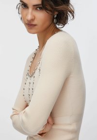 Beež ribi mustriga pikkade varrukatega pluus, sügava V-kaelusega, esiküljel hõbedaste kaunistustega ning kehalevormiv.