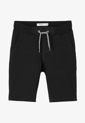 Černé bavlněné šortky s elastickým pasem, vybavené stahovací šňůrkou, dvěma bočními kapsami a hladkým povrchem.