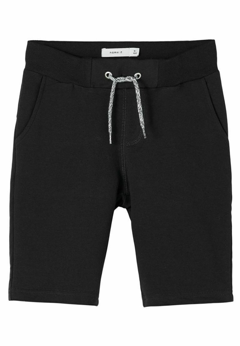 Shorts en coton noir avec un taille élastique, dotés d'un cordon de serrage, de deux poches latérales et d'une texture lisse.
