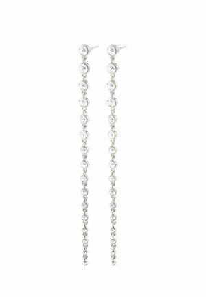 Silver-tone earrings featuring a line of round, clear crystals in a linked design, extending in a cascading arrangement.