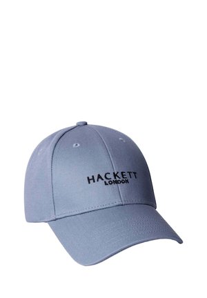 Hellblaues Baseballcap mit gebogenem Schirm und schwarzem, besticktem "Hackett London"-Logo auf der Front.