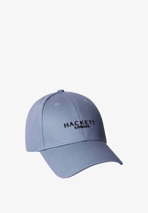 Lichtblauwe baseballpet met gebogen klep en zwart geborduurd "Hackett London"-logo op het voorpaneel.