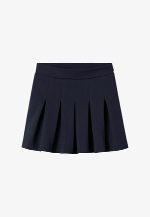 Marinblå plisserad kjol tillverkad av stretchigt tyg, med en bred midjeband och flera vertikala plisseringar för rörelse och flair.