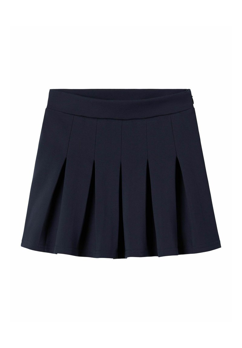 Jupe plissée navy en tissu extensible, dotée d'une large taille et de multiples plis verticaux pour une liberté de mouvement et une élégance.