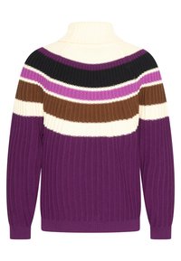 Ribbad lila tröja med hög hals, med horisontella ränder i kräm, brunt, svart och nyanser av lila. Långa ärmar och texturerad tyg.