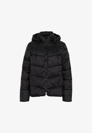 Black puffer jacket with a hood, zip closure, and drawstrings. Features a quilted pattern and textured side panels. Soft, insulated material.