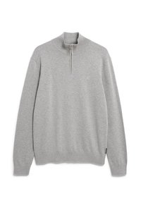 Grauer Pullover mit hohem Kragen und Halb-Reißverschluss. Weiches, dehnbares Material mit gerippten Bündchen und kleinem Logodetail auf der Brust.