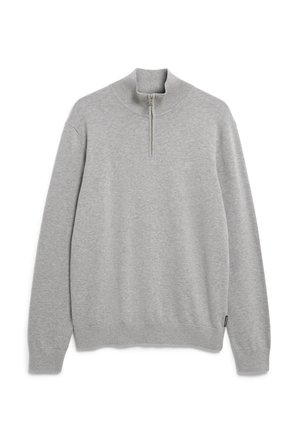 Grauer Pullover mit hohem Kragen und Halb-Reißverschluss. Weiches, dehnbares Material mit gerippten Bündchen und kleinem Logodetail auf der Brust.