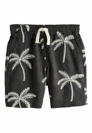 Czarne szorty z białymi wzorami palmy, elastycznym paskiem w talii i białym sznurkiem do wiązania z przodu.