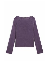 Pull en tricot violet avec un large col rond, des manches longues et une coupe ample. Tissu texturé avec un motif uniforme sur toute la surface.