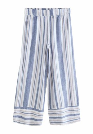 Linen culotte pants featuring vertical blue and white stripes, with a contrasting striped hem and an elastic waistband for comfort.