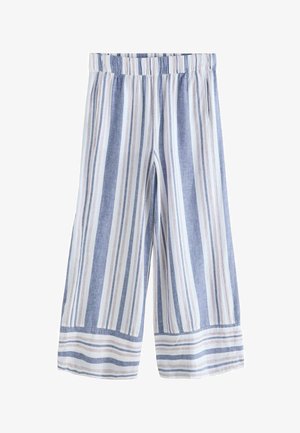 Linnedbukser med culotte-design, der har lodrette blå og hvide striber, med en kontrasterende stribet kant og elastisk talje for komfort.