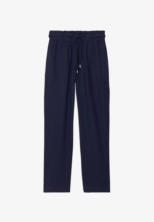 Pantalons légers bleu marine, avec cordon de serrage et une coupe ample, présentant un tissu texturé et des ourlets finis.